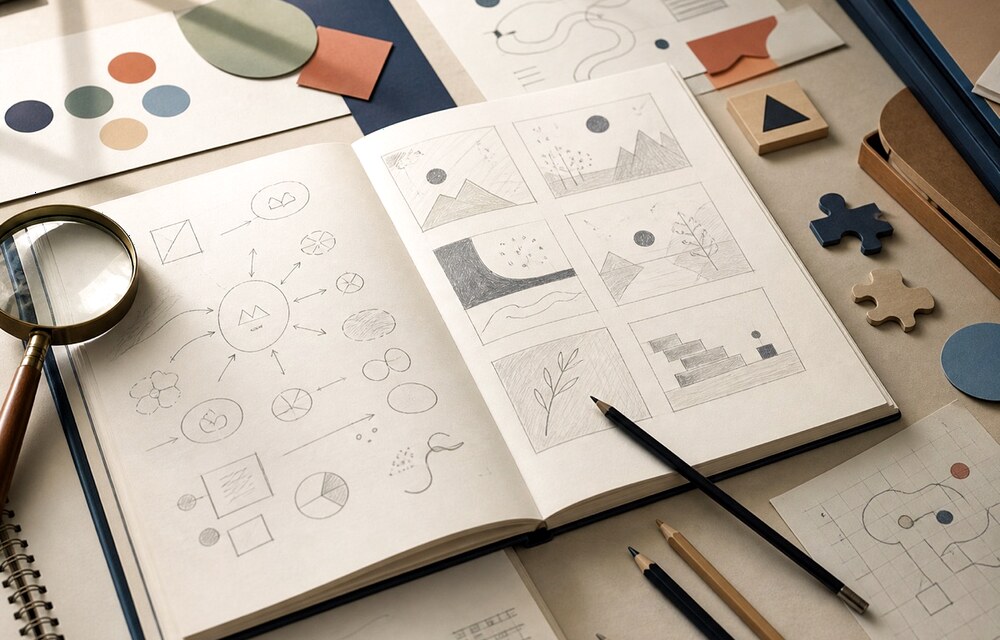 Sketchbook with storyboard thumbnails, puzzle maps and reasoning game prototypes.