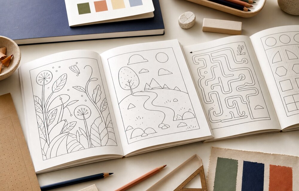 Maze and route-planning activity prototypes with pencils and color marks.