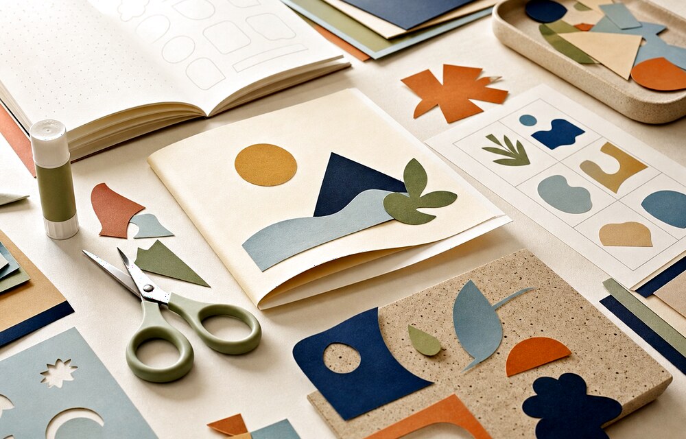 Cut-paper creative activity prototypes for seek-and-find and observation games.