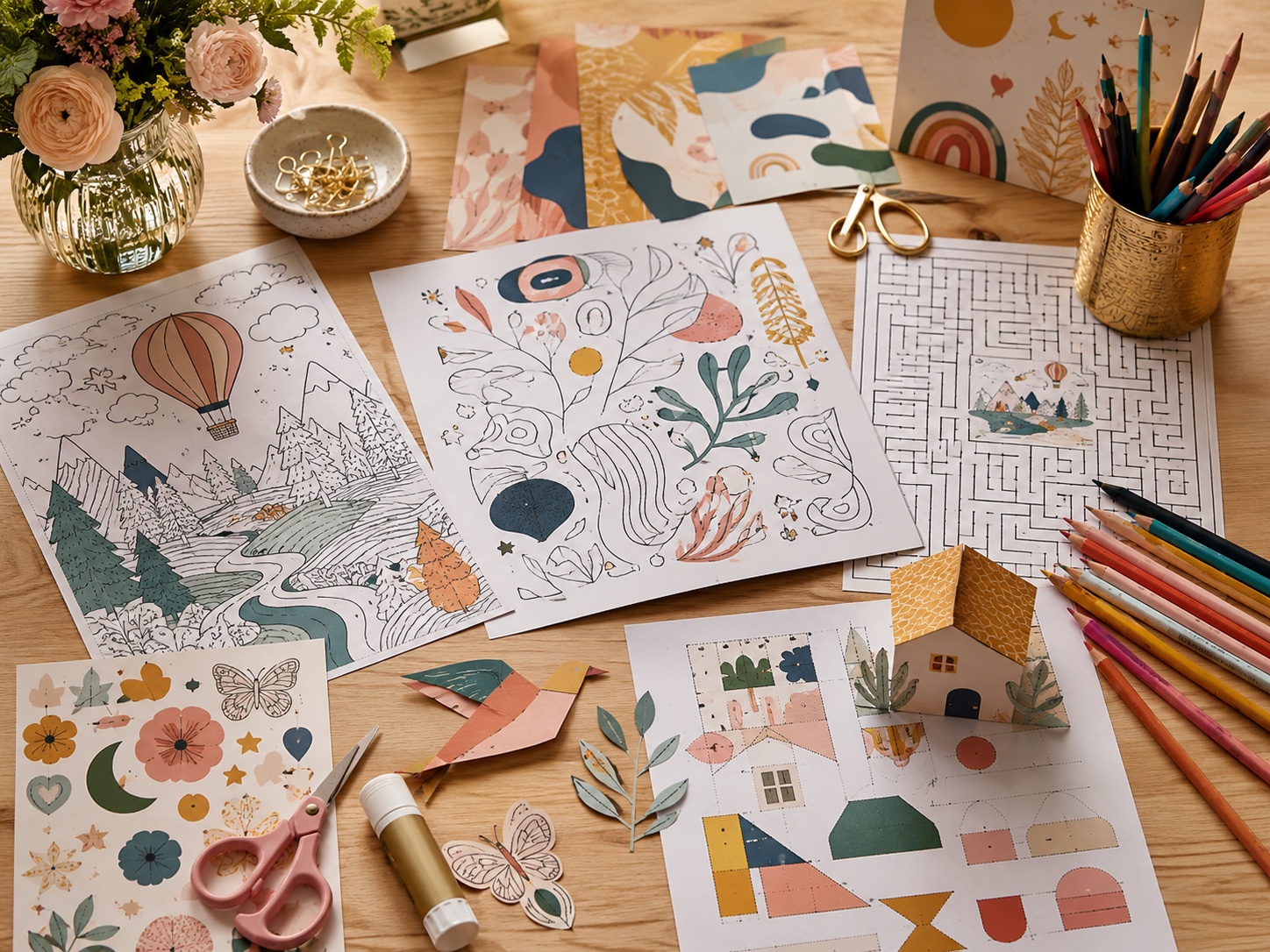 Printable activity book materials with coloring sheets, mazes, collage papers, scissors and pencils.