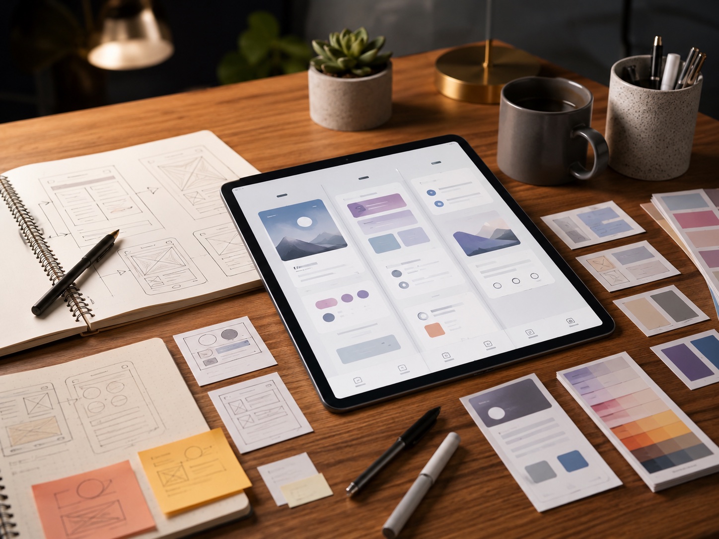 Tablet app development workspace with UX sketches, storyboard cards, notebooks and color palettes.