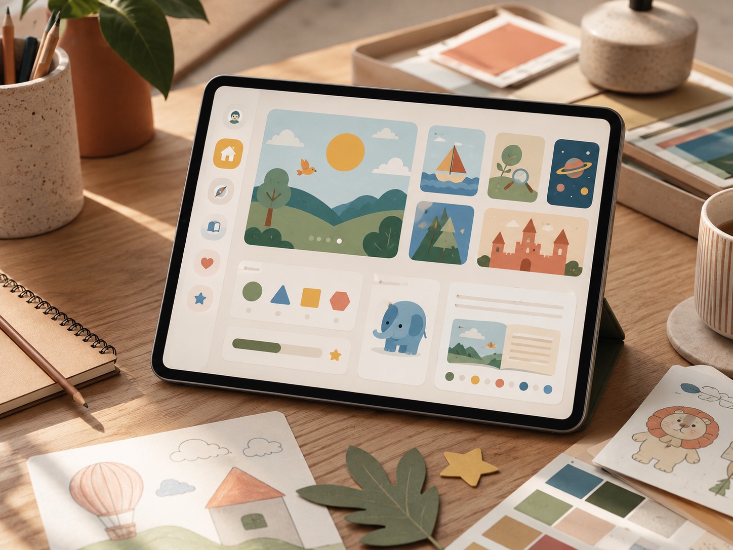 Tablet mockup showing a colorful educational app interface with paper materials around it.