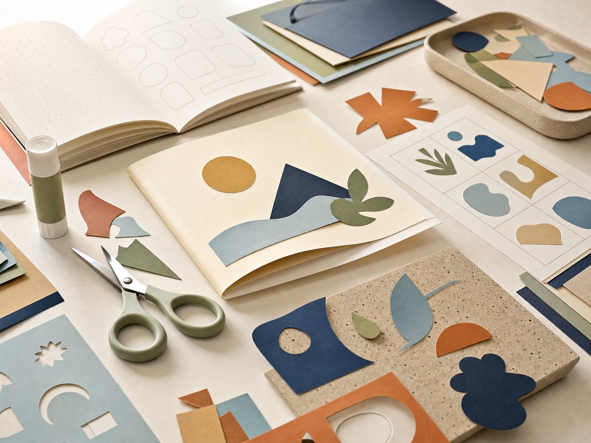 Cut paper shapes, scissors, glue stick, collage pieces and blank activity sheets on a studio desk.