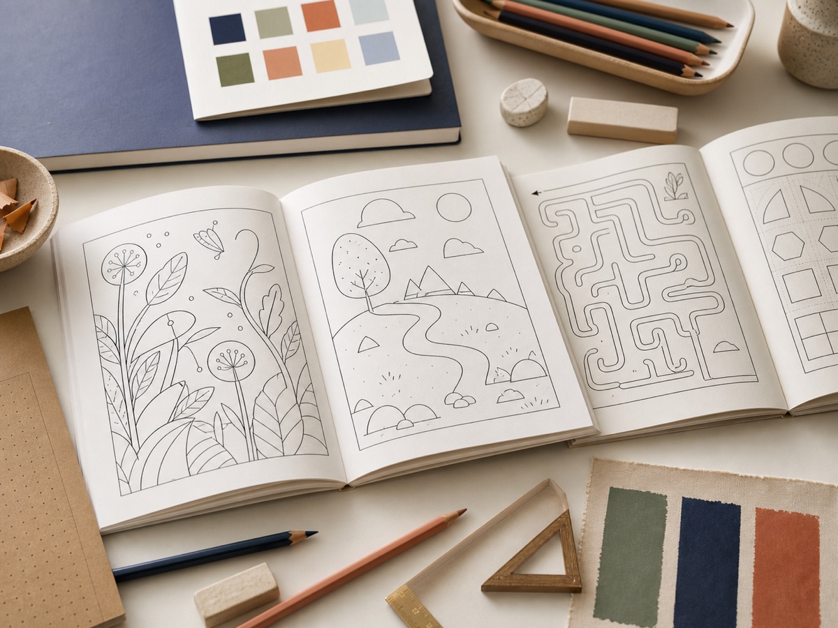 Coloring-page prototypes, maze activities and pencils on a studio desk.