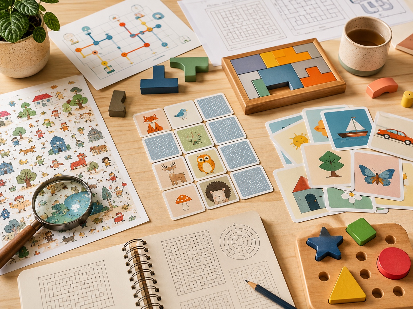 Educational game materials with memory cards, route puzzles, mazes and colorful logic blocks.