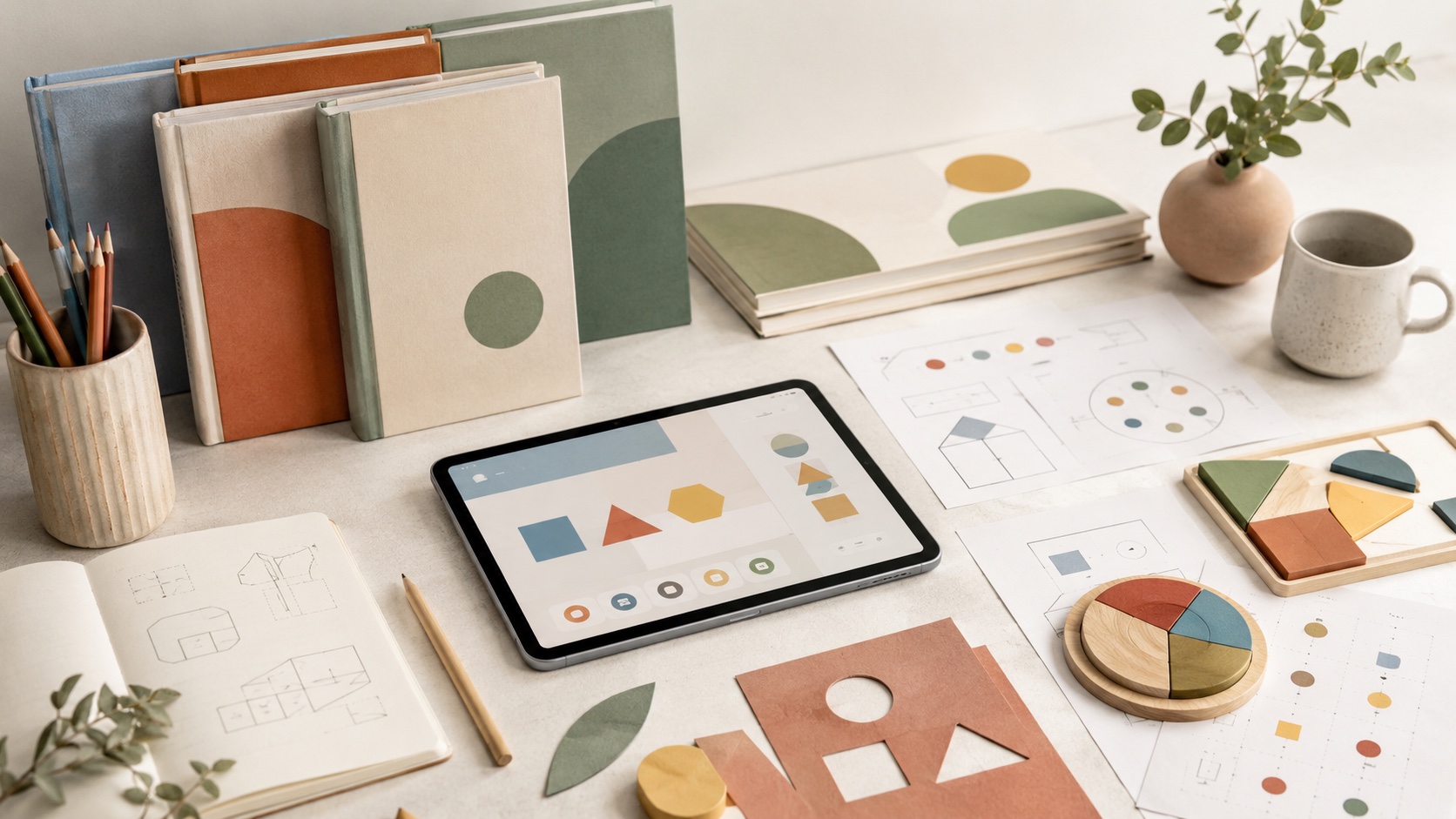 Refined creative workspace with books, a tablet, paper prototypes, colored shapes, pencils and puzzle materials.