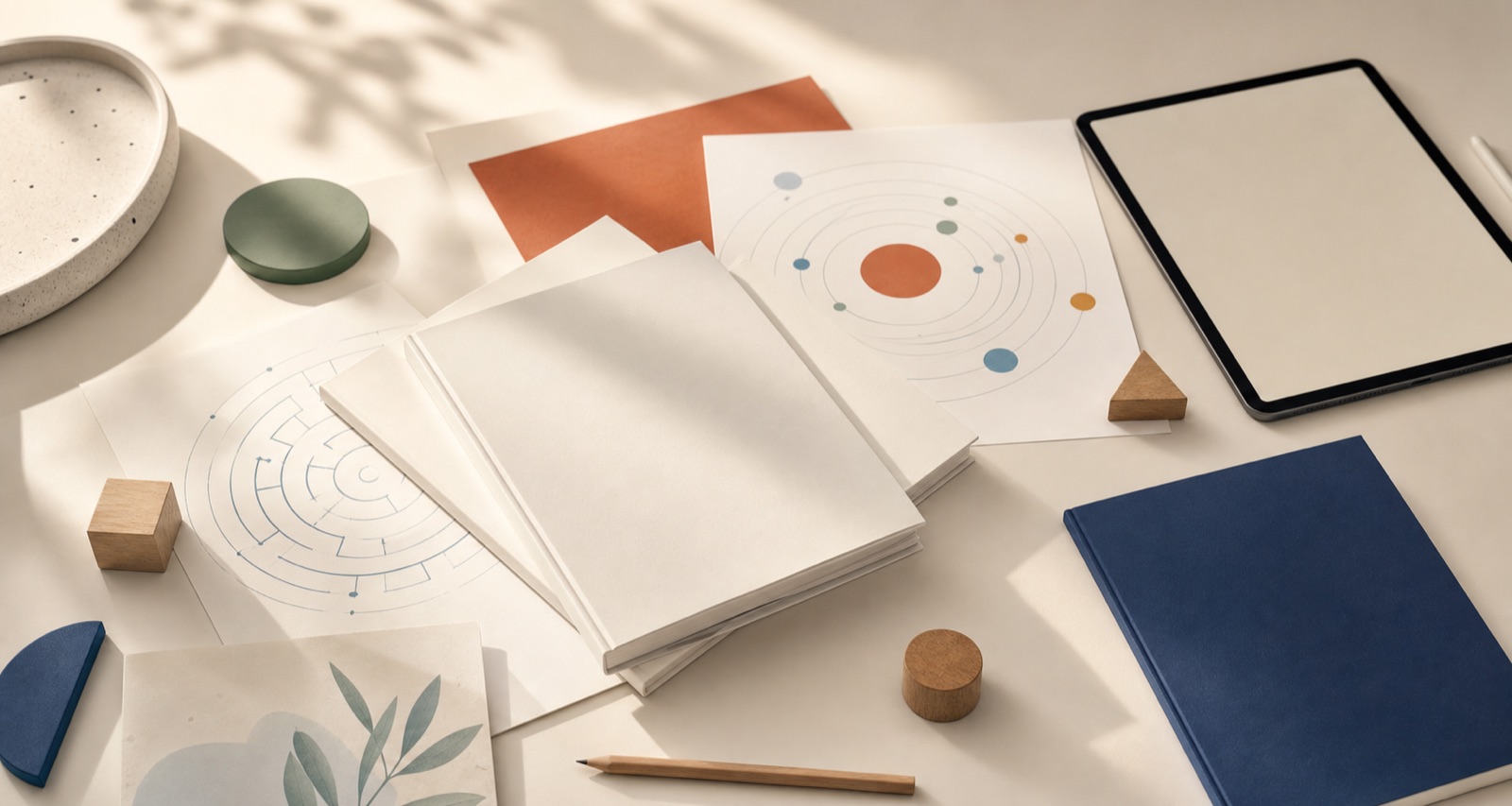 Editorial studio desk with blank books, educational diagrams, wooden shapes, a pencil and a tablet.