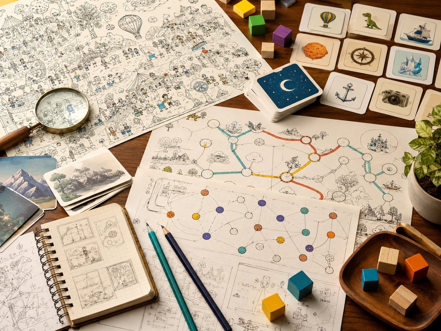 Seek-and-find sketches, memory cards, route planning sheets and logic game materials.