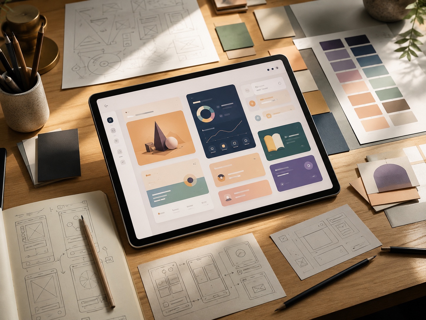 Tablet showing educational app prototypes surrounded by wireframes, notes and color swatches.