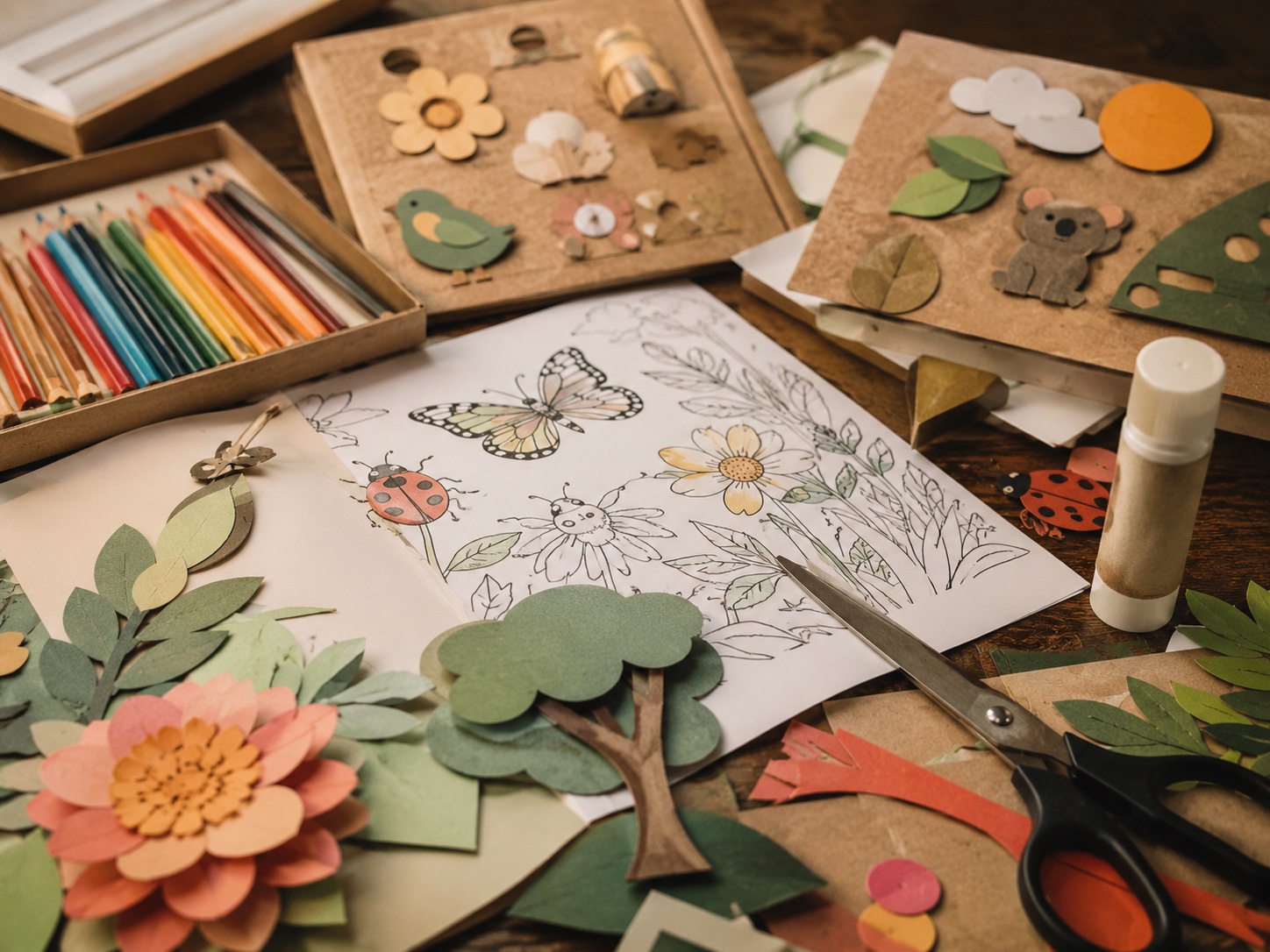 Close-up of coloring sheets, paper shapes, glue, scissors and tactile activity prototypes.