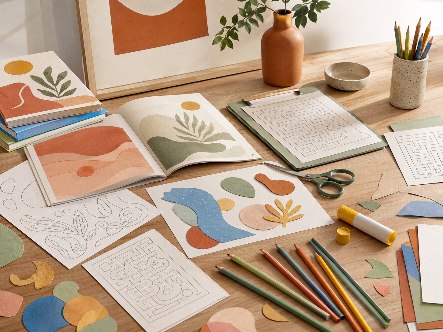 Coloring pages, mazes, collage papers and creative activity prototypes.