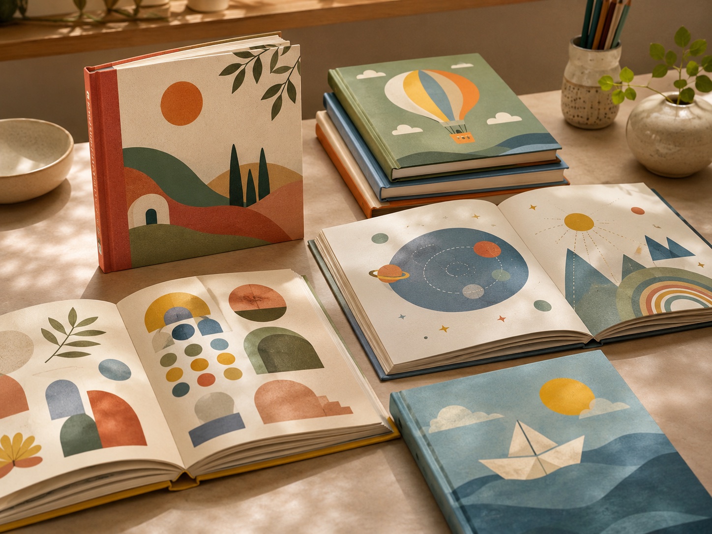 Premium picture book mockups and open illustrated spreads on a warm studio desk.