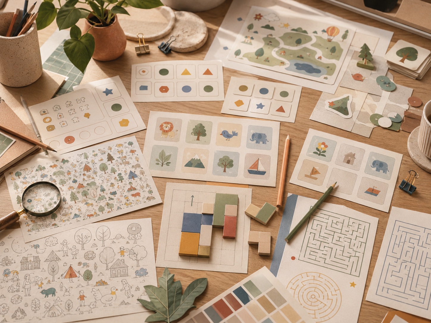 Memory cards, route puzzles, mazes and logic game prototypes arranged on a desk.