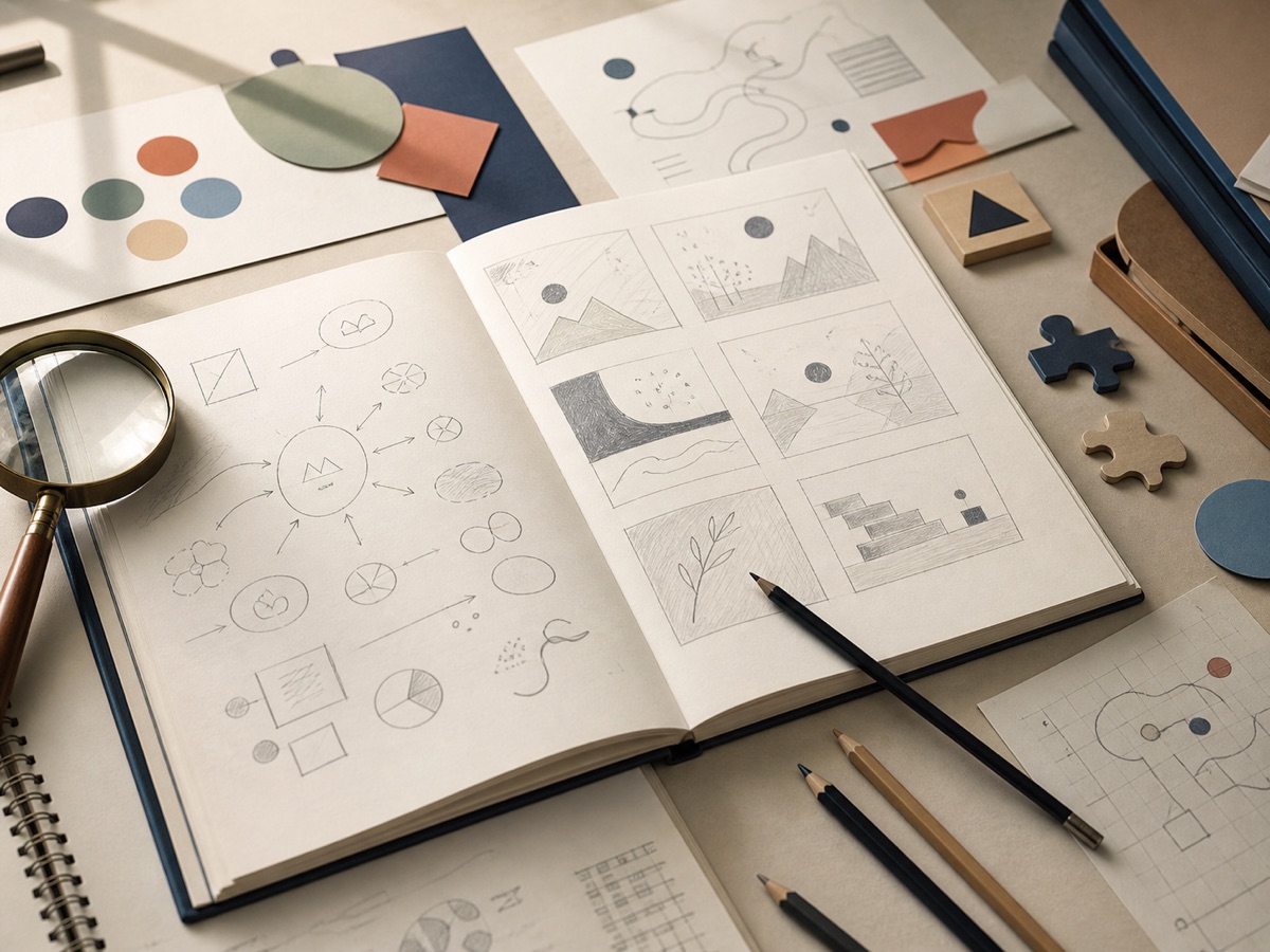 Sketchbook with storyboards, concept maps and puzzle ideas for digital learning.
