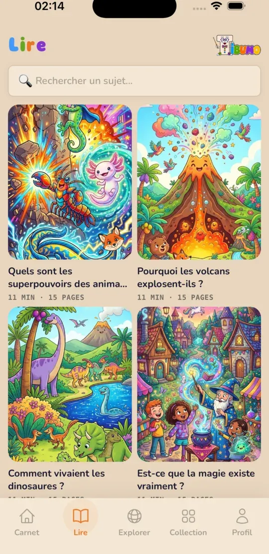 Tibumo educational app showing a catalogue of activities for children.