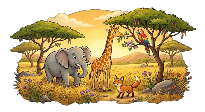 Animal universe scene with savanna animals.