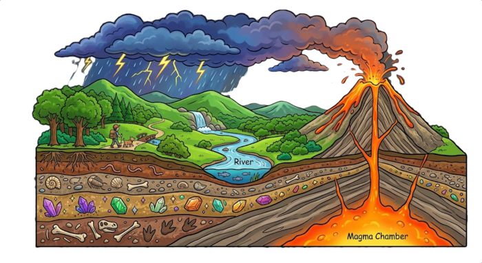 Earth universe scene with volcanoes, river and ground layers.