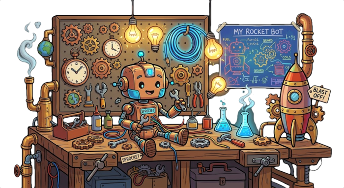 Invention universe scene with a workshop and mechanical objects.