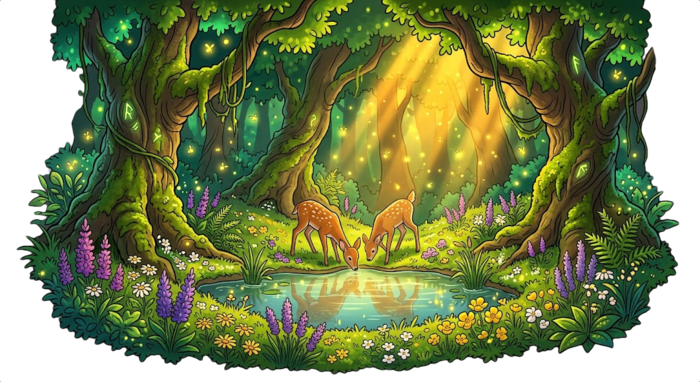 Nature universe scene with a bright forest clearing.