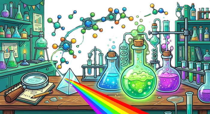 Science universe scene with laboratory objects and colorful experiments.