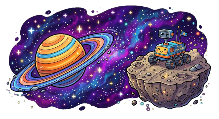 Space universe scene with planets and a rover.